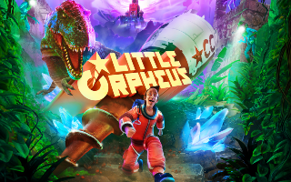 Little Orpheus key art showcasing logo and the protagonist running from a T-rex in a colourful jungle environment